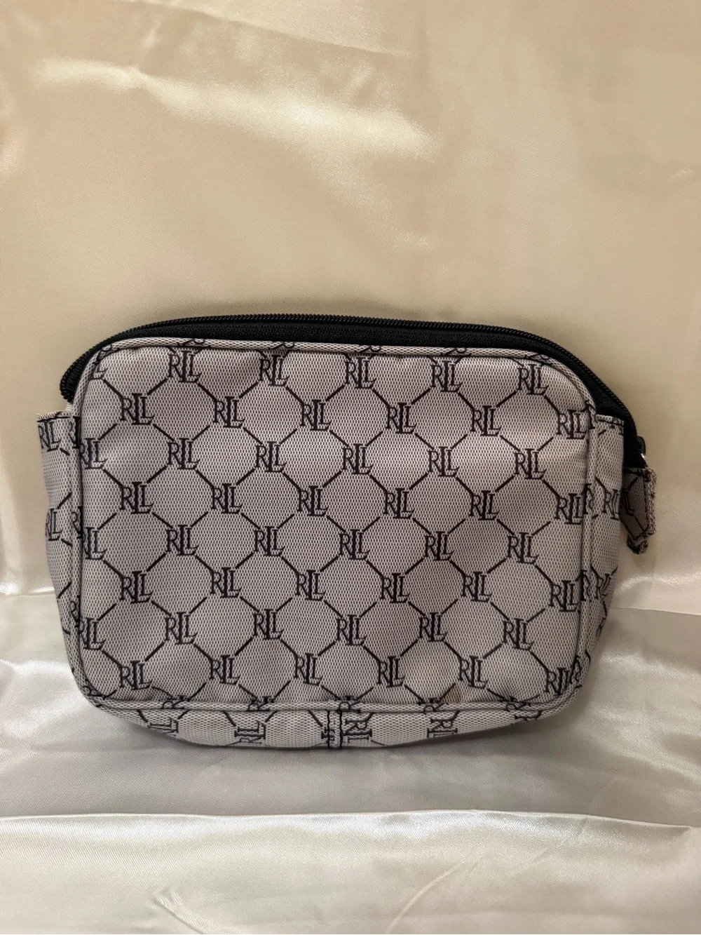 Lauren Ralph Lauren RL Monogram Cosmetic Makeup Bag Travel Pouch Gray Black